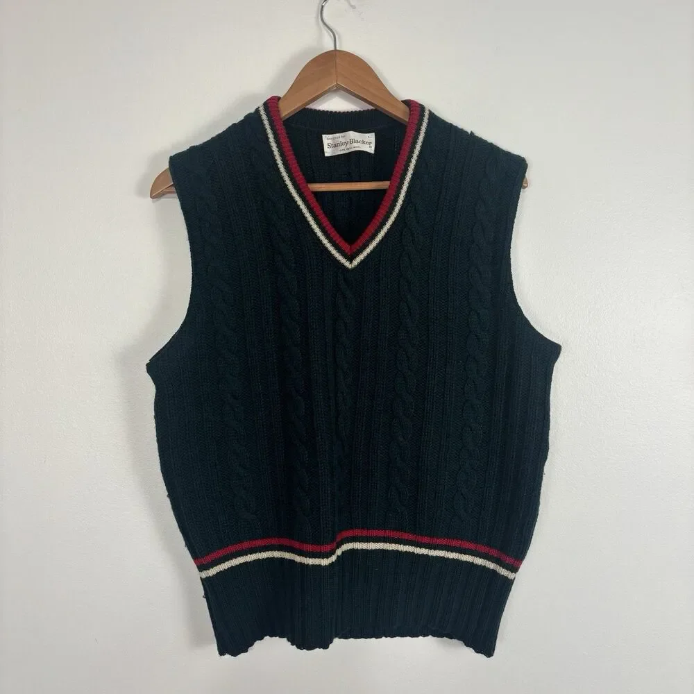 Vintage Stanley Blacker Wool Cricket Vest Sweater Dark Green Large 100% Wool